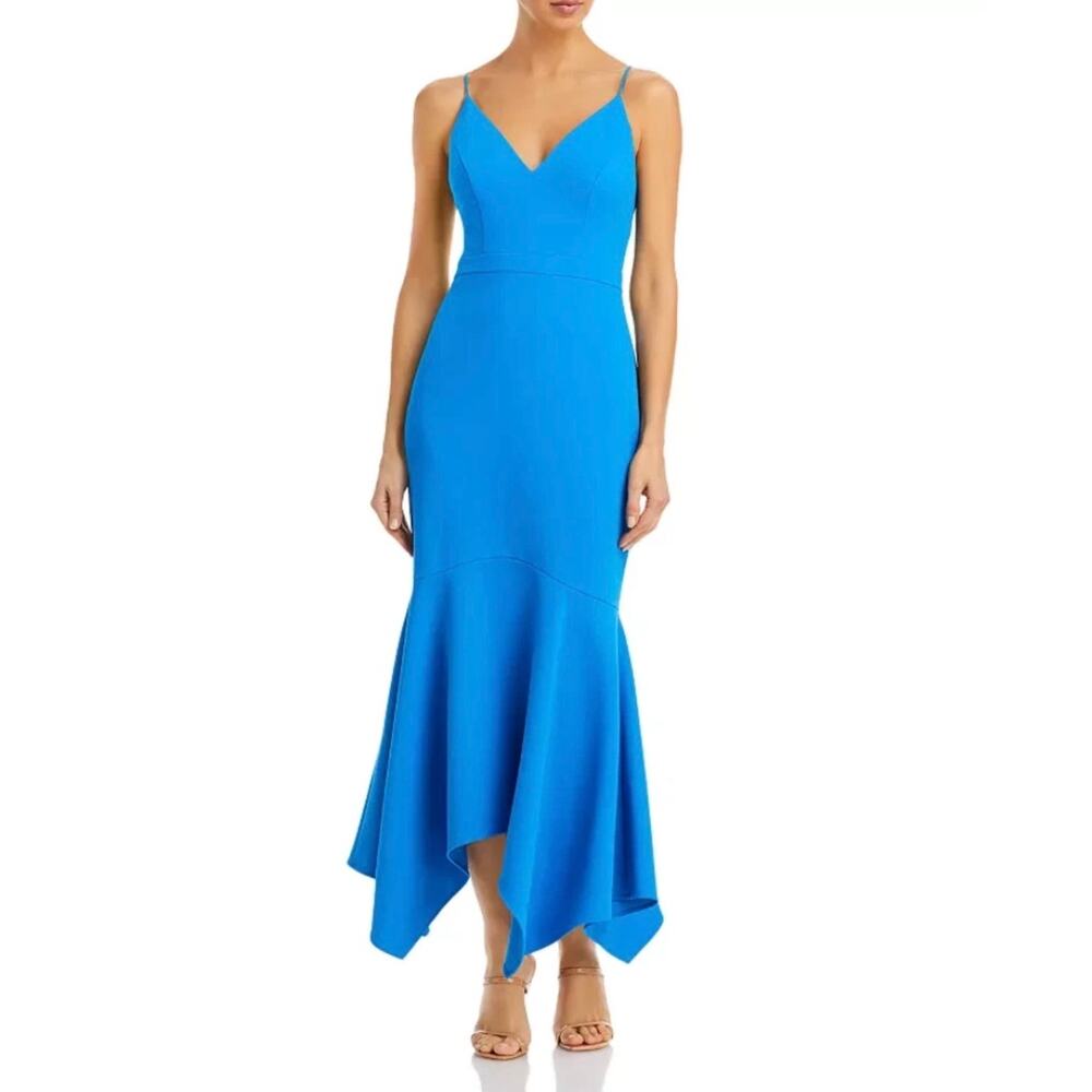Aqua Women’s 6 Asymmetric Flounce Cocktail Dress in Blue V-Neck Spaghetti Straps